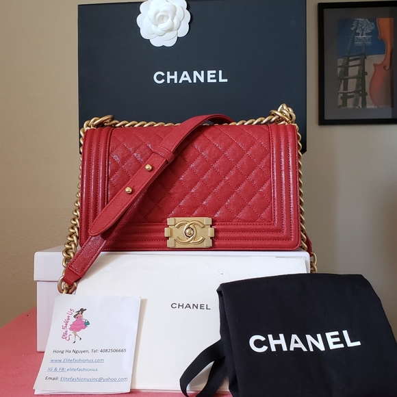 Chanel boy old medium red caviar gold hw bag